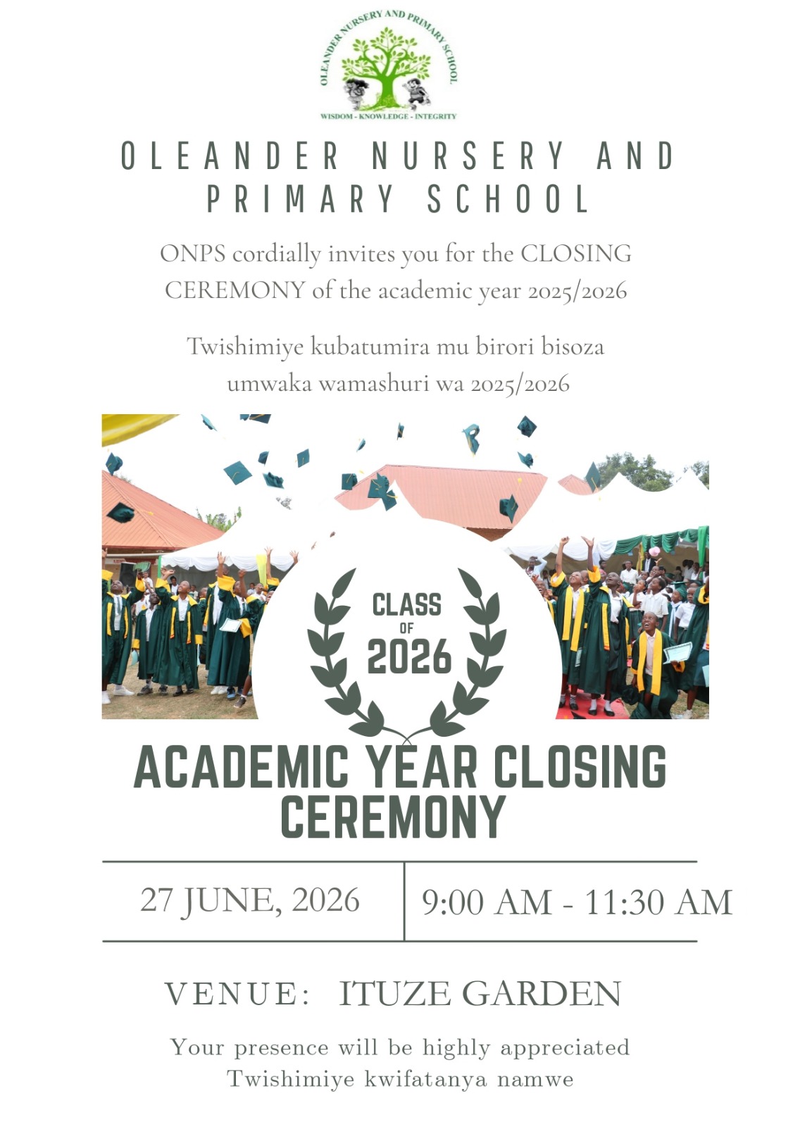 Academic year closing ceremony invitation for class of 2026